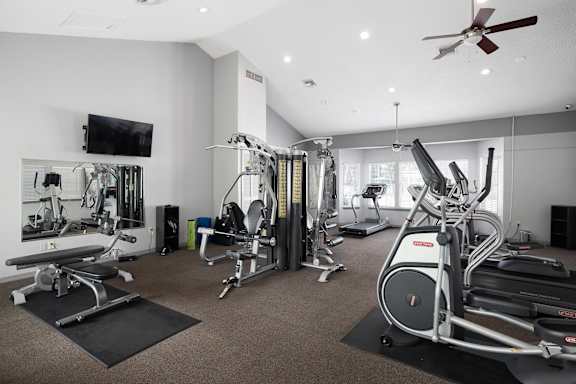A spacious gym with a variety of equipment including a treadmill, weights, and a television