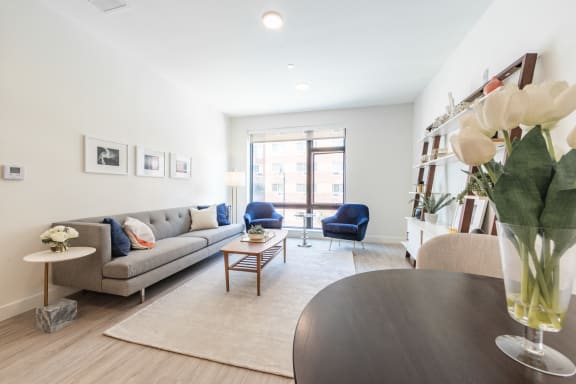 Apartments for Rent in Beverly, MA - Holmes Beverly - Expansive Living Room with Bright Lighting, Grey Sofa, Blue Armchairs, Wooden Coffee Table, White Rug Over Wood Flooring, Framed Art, White Side Tables, Standing Lamp, White Walls, White Storage Monitor, Wood and White Storage Shelving Rack, and a Large Window