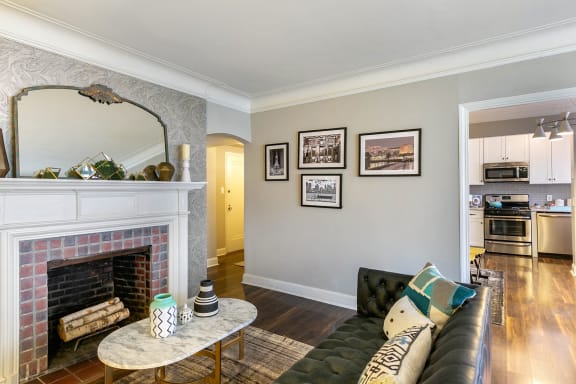 Alden Park living room with fireplace.