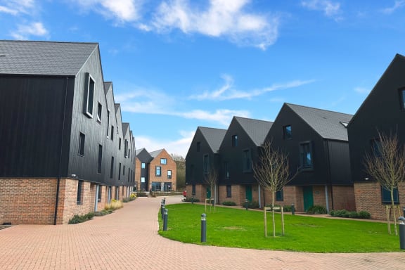 a row of houses on a street with green grass