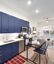 a kitchen and living room with blue cabinets and a red rug