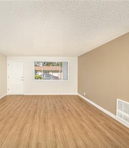 Empty room with wooden floor and white door.