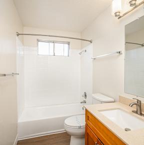 A bathroom with a toilet, sink, and shower.