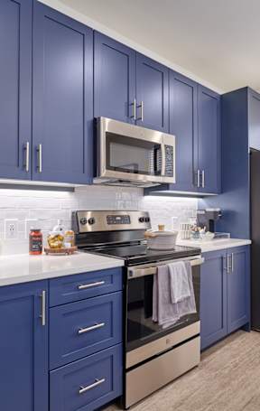 A kitchen with blue cabinets and stainless steel appliances.