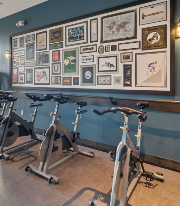 a fitness room with exercise bikes and a wall of pictures