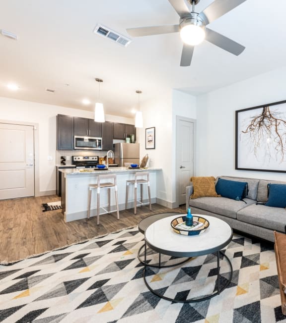 a living room and kitchen with a ceiling fan and a rug