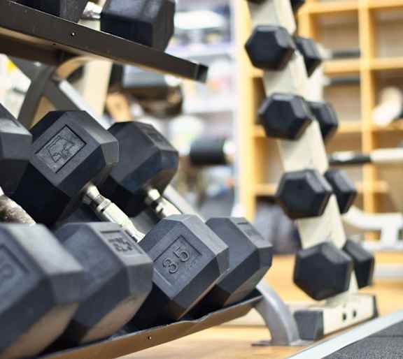 a rack of dumbbells in a gym
