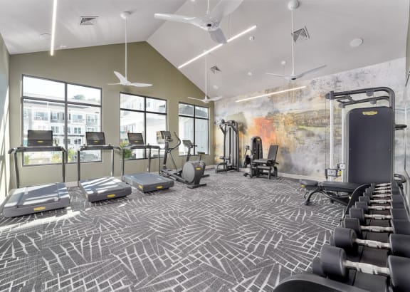 a spacious fitness center with treadmills and other exercise equipment at Artistry at Winterfield Apartments, Virginia