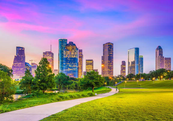 Beautiful View of Downtown Houston, Texas Skyline and Walking Path