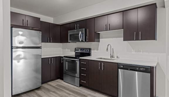 A modern kitchen with dark brown cabinets and stainless steel appliances.