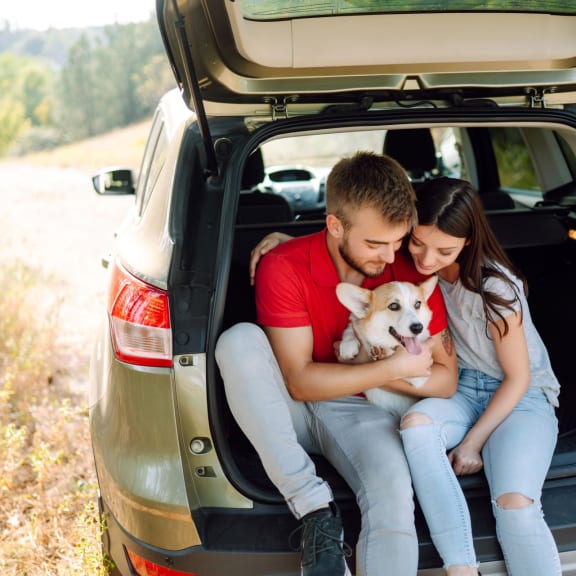 Couple Sitting in Back of Car Holding Dog