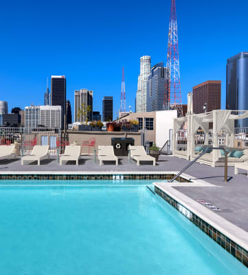 Rooftop pool with view of city