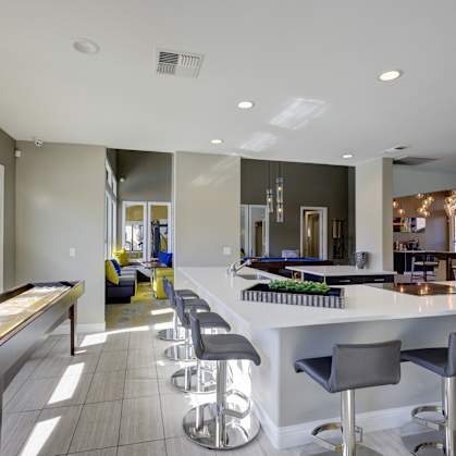 Sagecliff Apartments Clubhouse Lounge with Kitchen and Shuffleboard