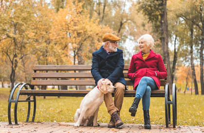 Couple Sitting on Bench Smiling and Petting Dog