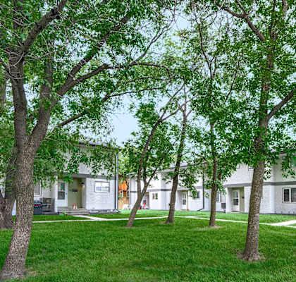 a group of houses with trees in the grass