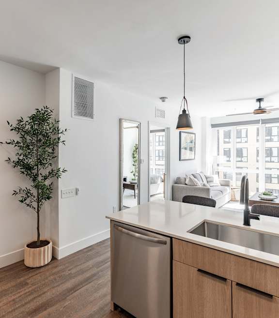 A modern kitchen with a stainless steel dishwasher and wooden cabinets at Anthem House Apartment, Huntsville, AL, 35806