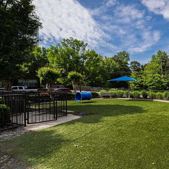 A park with a blue umbrella and a bench.