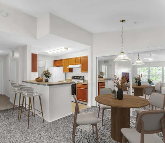a kitchen and dining area in a 555 waverly unit
