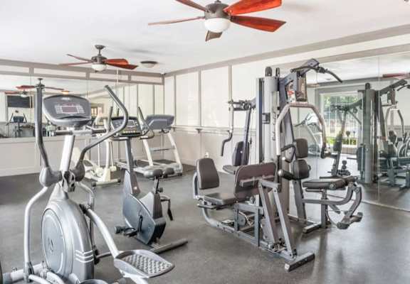 A gym with a variety of exercise equipment including treadmills, stationary bikes, and weight machines.