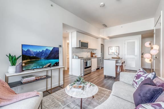 a living room with a couch and a tv at BLVD Beltline, Calgary, AB