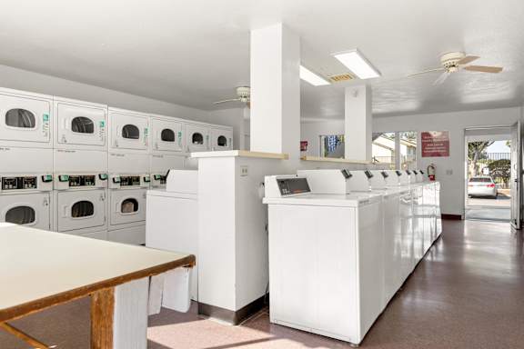 A laundromat with a row of washers and dryers.