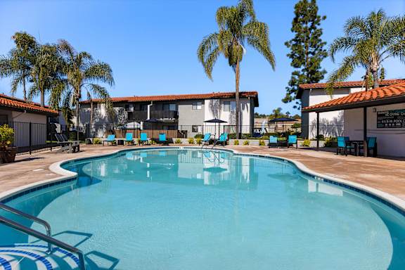 A swimming pool surrounded by palm trees and a building.