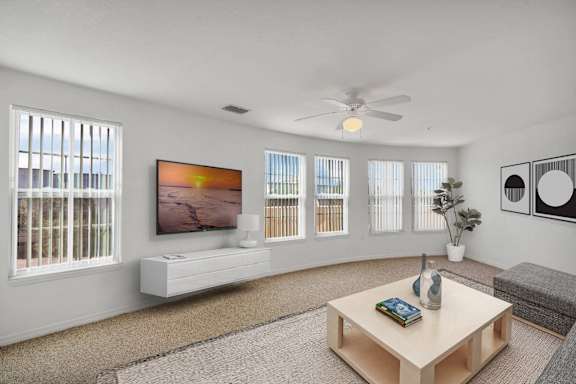 A living room with a television, a couch, and a coffee table.