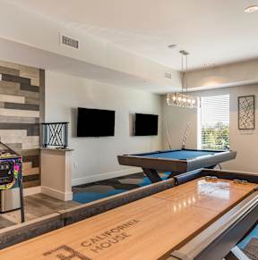 a game room with a pool table and a couch