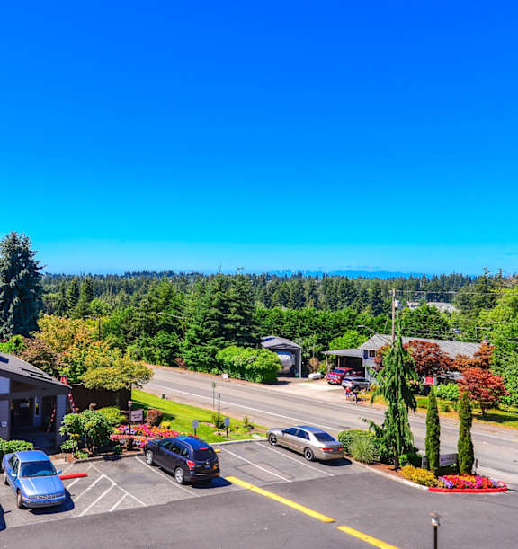 A parking lot with cars and a building in the background.