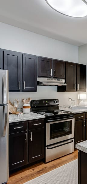 Kitchen Featuring Dark Cabinetry, Brushed Nickel Hardware & Stainless Steel Appliances