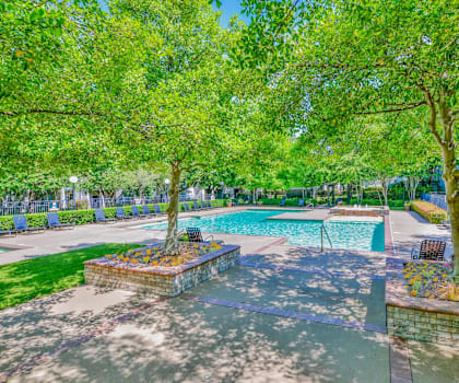 A pool surrounded by trees and a concrete patio.