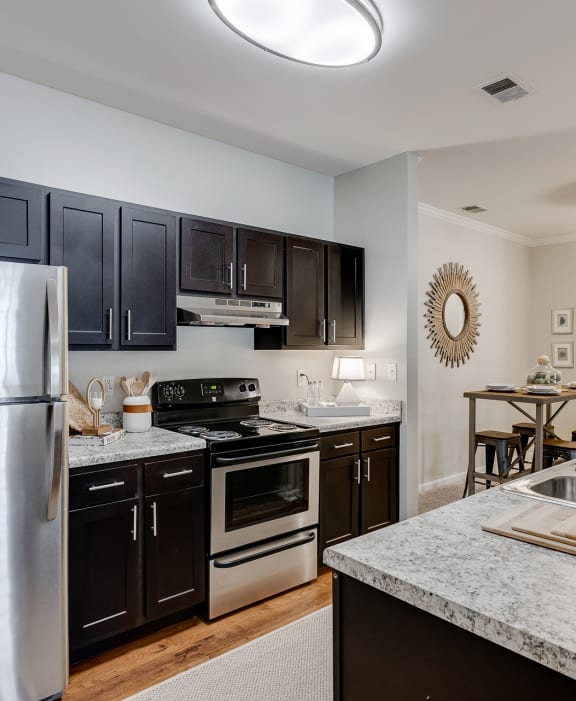 Kitchen Featuring Dark Cabinetry, Brushed Nickel Hardware & Stainless Steel Appliances