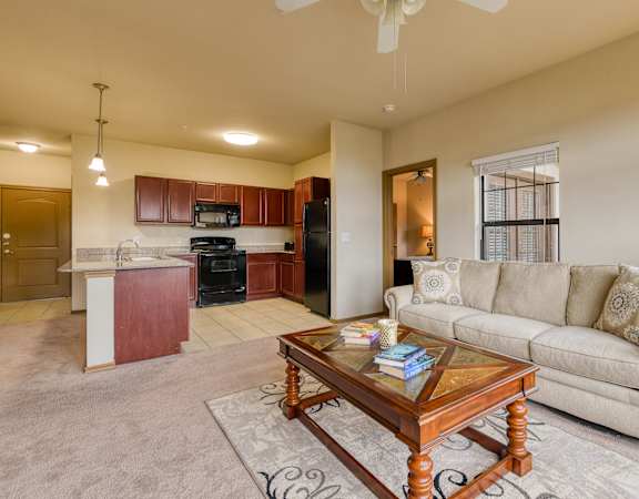 a living room with a couch and a coffee table