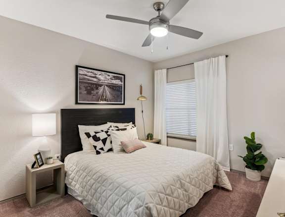 A bedroom with a bed, a ceiling fan, and a picture on the wall.