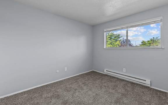 A room with a window showing trees and a blue sky.