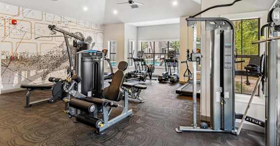 A gym with a variety of equipment including a weight bench, a leg press machine, and a cable machine.