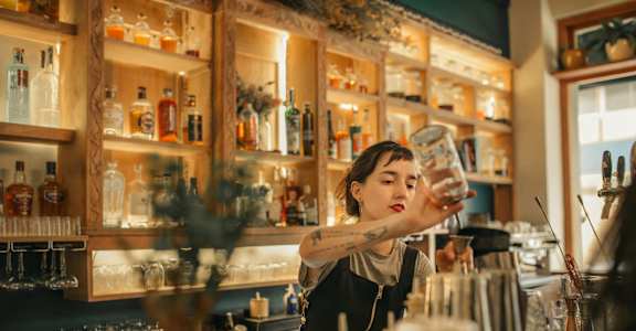 a woman pouring a drink at a bar