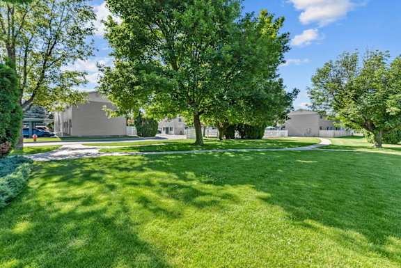 A large grassy area with trees and buildings in the background.