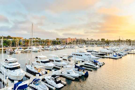 A yacht is docked at a marina with a building and palm trees in the background.