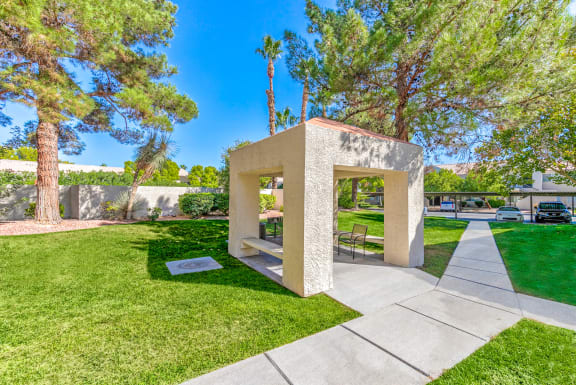 Country Club at Valley View Senior Apartments in Las Vegas offers pergolas for residents to sit under and stay cool during the warmer months!