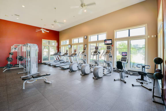 Interior fitness center with modern equipment and plenty of natural light at Cypress Lake at Stonebriar Apartments, Frisco, TX, 75034