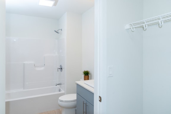 a bathroom with a shower and a toilet and a sink