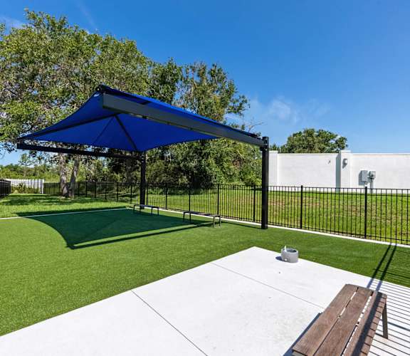 A backyard with a blue umbrella and a white fence.