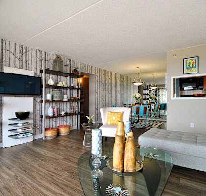 a living room with a couch and a table