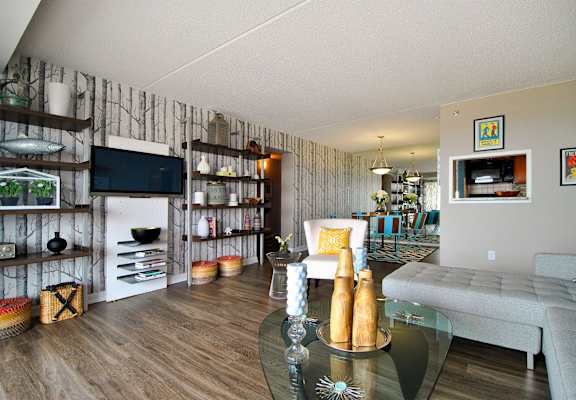 a living room with a couch and a table