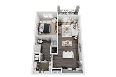 A 3D floor plan of a small apartment with a kitchen, living room, and bedroom.
