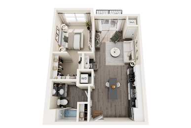 Floor Plan  A 3D floor plan of a small apartment with a kitchen, living room, and bathroom.