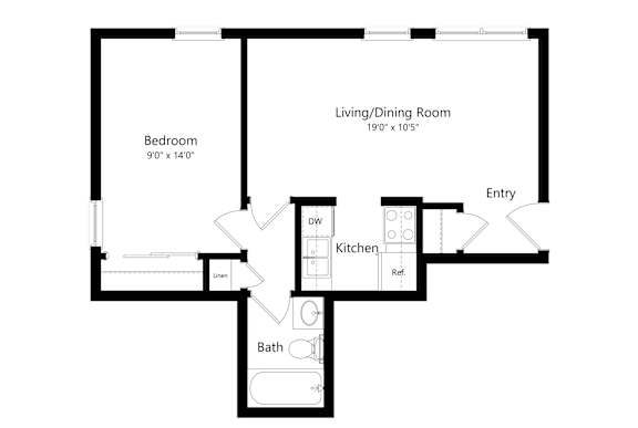 A floor plan of a small apartment with a bedroom, living/dining room, kitchen, bathroom, and laundry area at Ames Lake Neighborhood Apartments, St Paul, MN, 55106