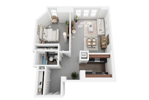 A 3D floor plan of a house with two bedrooms, a living room, a kitchen, and a bathroom.
