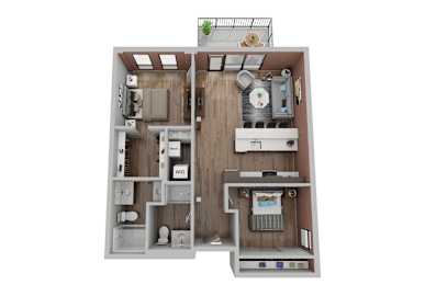 A 3D floor plan of a house with a kitchen, living room, and bathroom.